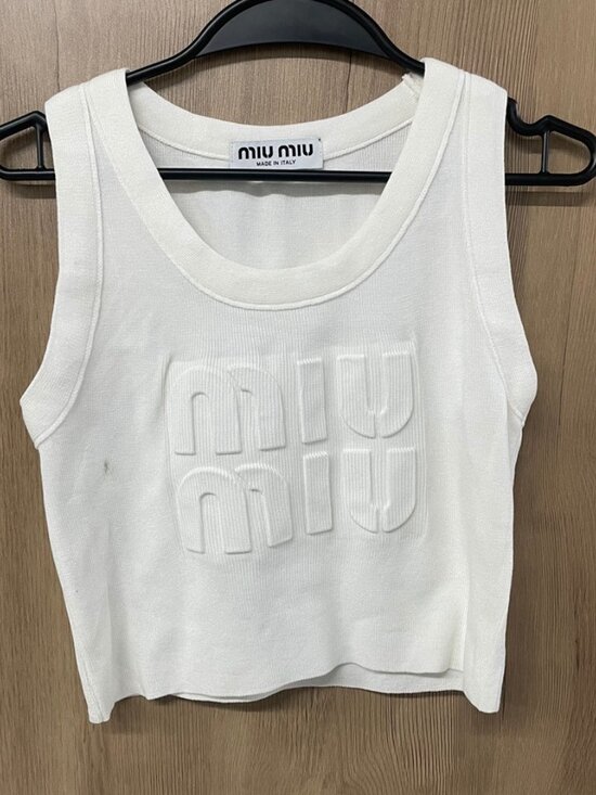 Miu Miu Tops - Miu Miu Off‑White Embossed Logo Knit Crop Tank Top
